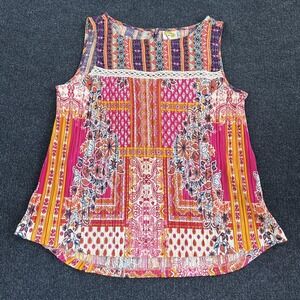 Fig And Flower Shirt Womens Medium Pink Boho Sleeveless Pleated Tank Top Floral